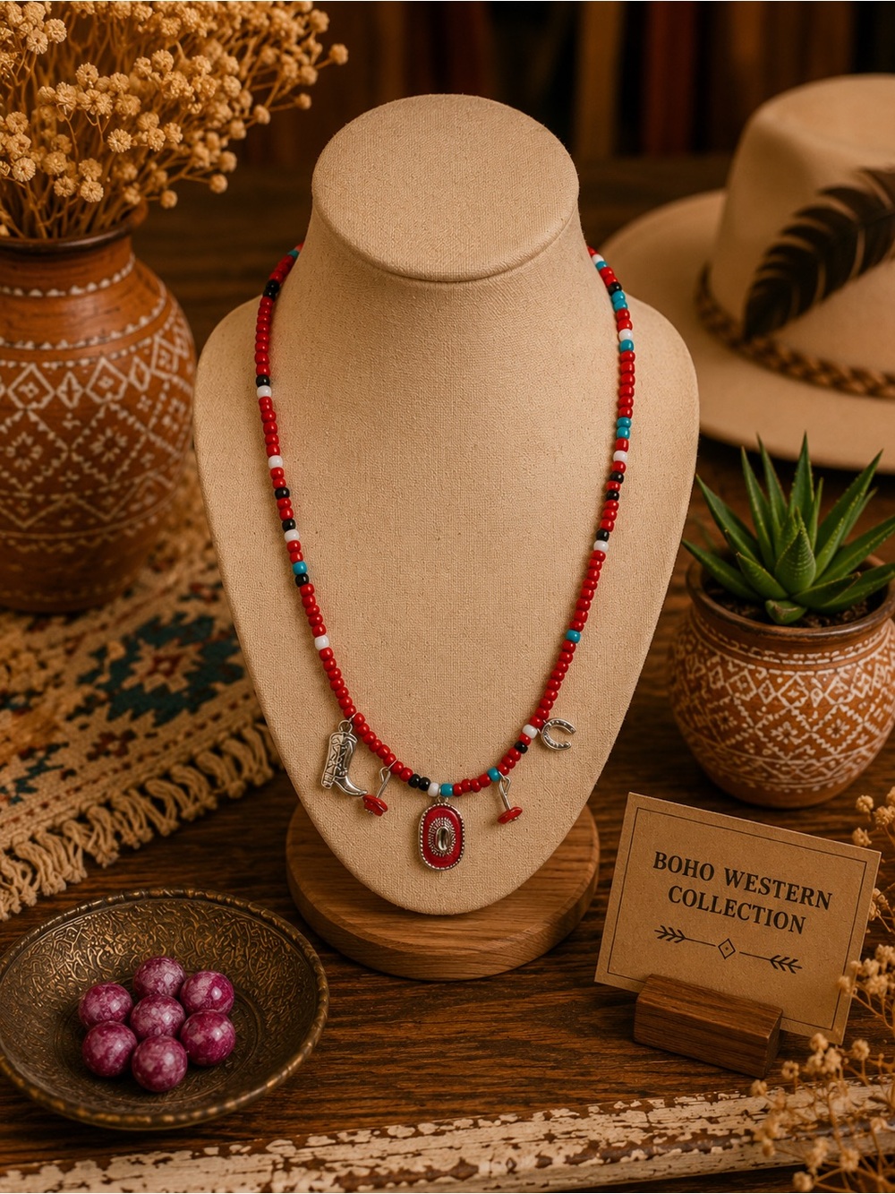 Western Boho Red Beaded Charm Necklace Cowboy Boot & Horseshoe 17” Silver Chain
